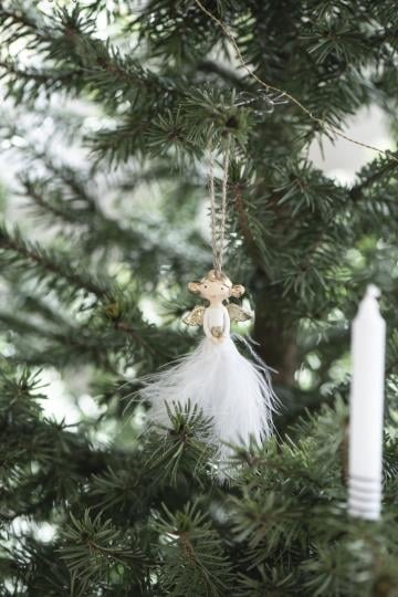- 2022 - Juletræspynt - engel med fjer - håndmalet hvid - B: 1,5 H: 5,5 L: 4 cm