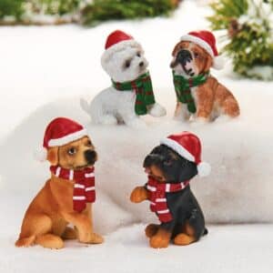 Hund med nissehue og halstørklæde -Hvid hund/grønt halstørklæde